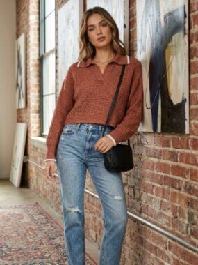 SO Goods for Life Cropped Polo Waffle Knit Sweater